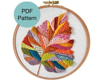 Colorful Abstract Leaf Hand Embroidery Pattern - PDF Instant Download for Intermediate and Advanced Stitchers