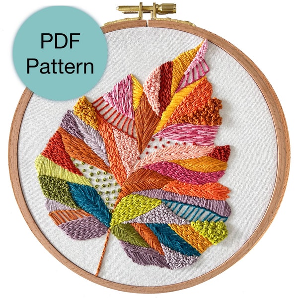 Colorful Abstract Leaf Hand Embroidery Pattern - PDF Instant Download for Intermediate and Advanced Stitchers