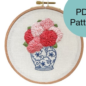 May include: Embroidery pattern for a floral arrangement in a blue and white vase. The flowers are pink and red and the vase has a swirling design. The pattern is available as a PDF download.