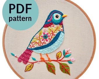 Floral Bird Hand Embroidery Pattern - PDF Instant Download for Advanced Beginners and Intermediate Stitchers