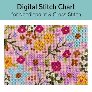 May include: A digital stitch chart for needlepoint and cross-stitch featuring a repeating floral pattern on a pink background. The design includes light blue, yellow, purple, and dark pink flowers with green stems and leaves in a grid.