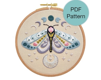 Moon Moth Folk Hand Broderie Pattern - PDF Téléchargement instantané pour les débutants avancés et les couturiers intermédiaires