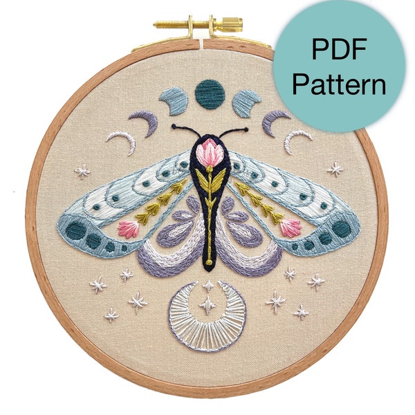 Moon Moth Folk Hand Embroidery Pattern - PDF Instant Download for Advanced Beginners and Intermediate Stitchers
