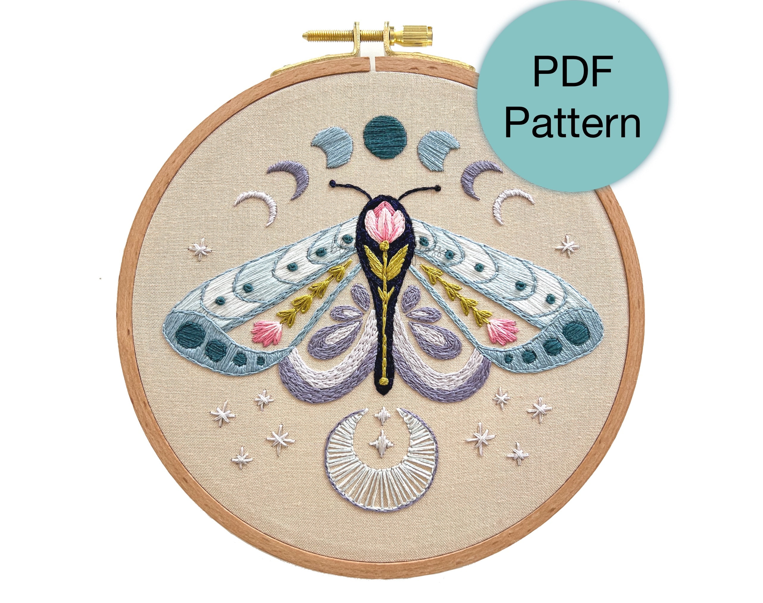 Moon Moth Folk Hand Embroidery Pattern - PDF Instant Download for Advanced Beginners and Intermediate Stitchers
