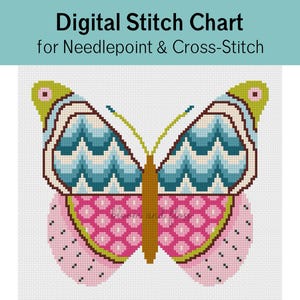 May include: A digital stitch chart for needlepoint and cross-stitch featuring a butterfly design. The butterfly has blue and white chevron patterned upper wings, pink and white grid patterned lower wings, and a brown body on a white grid.