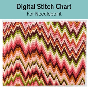 Può includere: Uno schema digitale per ricamo a mezzo punto con un motivo a chevron ripetuto nei toni del rosa, rosso scuro, arancione e verde chiaro. Il testo Digital Stitch Chart For Needlepoint è visualizzato in nero nella parte superiore.