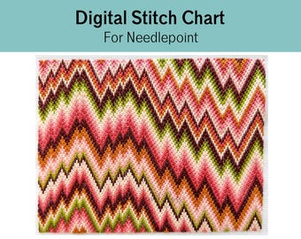 May include: A digital stitch chart for needlepoint featuring a repeating chevron pattern in shades of pink, dark red, orange, and light green. The text Digital Stitch Chart For Needlepoint is displayed in black at the top of the image.