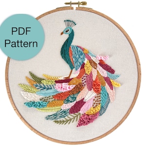 Colorful Peacock Hand Embroidery Pattern - PDF Instant Download for Intermediate and Advanced Stitchers