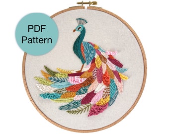 Colorful Peacock Hand Embroidery Pattern - PDF Instant Download for Intermediate and Advanced Stitchers