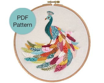 Colorful Peacock Hand Embroidery Pattern - PDF Instant Download for Intermediate and Advanced Stitchers