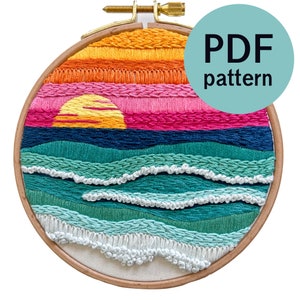 Abstract Ocean Sunset Hand Embroidery Pattern - PDF Instant Download for Advanced Beginners and Intermediate Stitchers