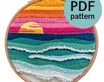 Abstract Ocean Sunset Hand Embroidery Pattern - PDF Instant Download for Advanced Beginners and Intermediate Stitchers