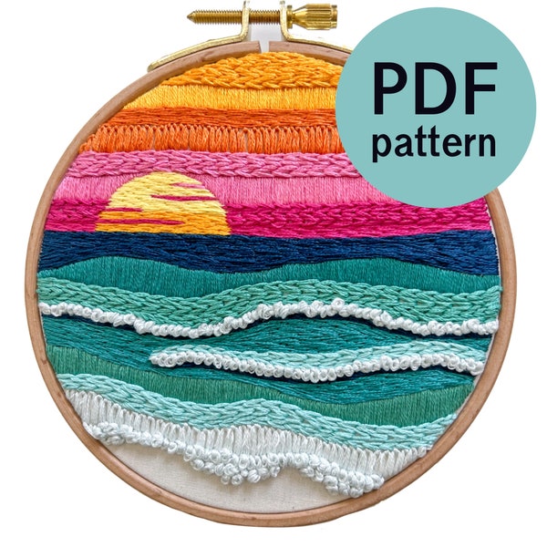 Abstract Ocean Sunset Hand Embroidery Pattern - PDF Instant Download for Advanced Beginners and Intermediate Stitchers