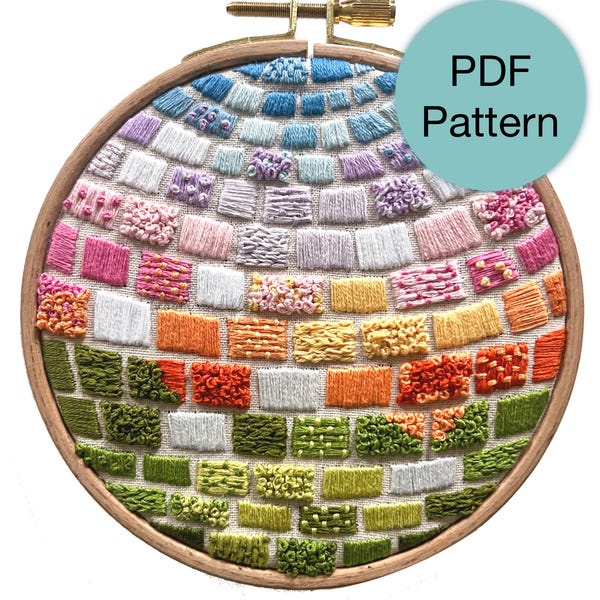 Patrón de bordado a mano de bola de espejos con puesta de sol abstracta - Descarga instantánea en PDF para principiantes avanzados e intermedios