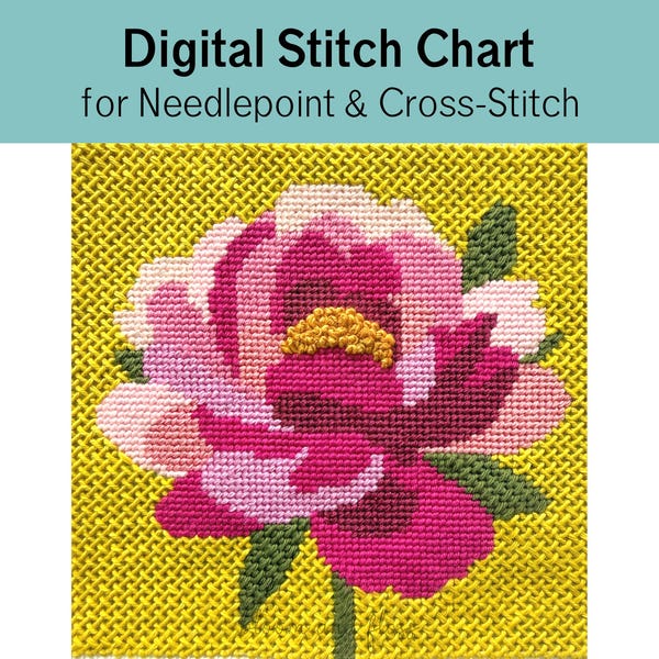 Patrón de peonía rosa para bordado y punto de cruz – Descarga del gráfico digital