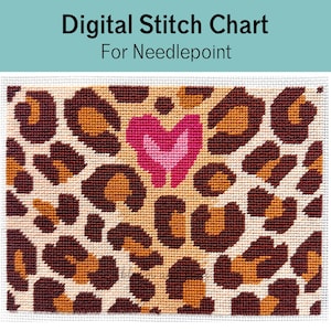 May include: A digital stitch chart for needlepoint featuring a leopard print pattern in shades of tan, orange, and dark brown, with a prominent pink and light pink heart shape centered within the repeating animal print design.