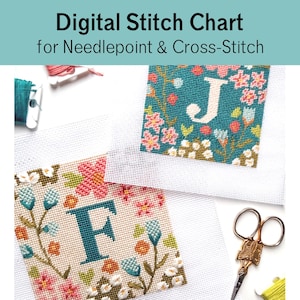 May include: A digital stitch chart for needlepoint and cross-stitch featuring two square fabric canvases with floral patterns and the letters F and J. The image includes spools of thread and a pair of metal scissors with a decorative handle design.