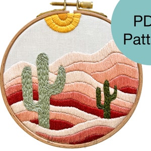 Desert Mountain Sunrise with Cactus Hand Embroidery Pattern - PDF Instant Download - Beginner Friendly