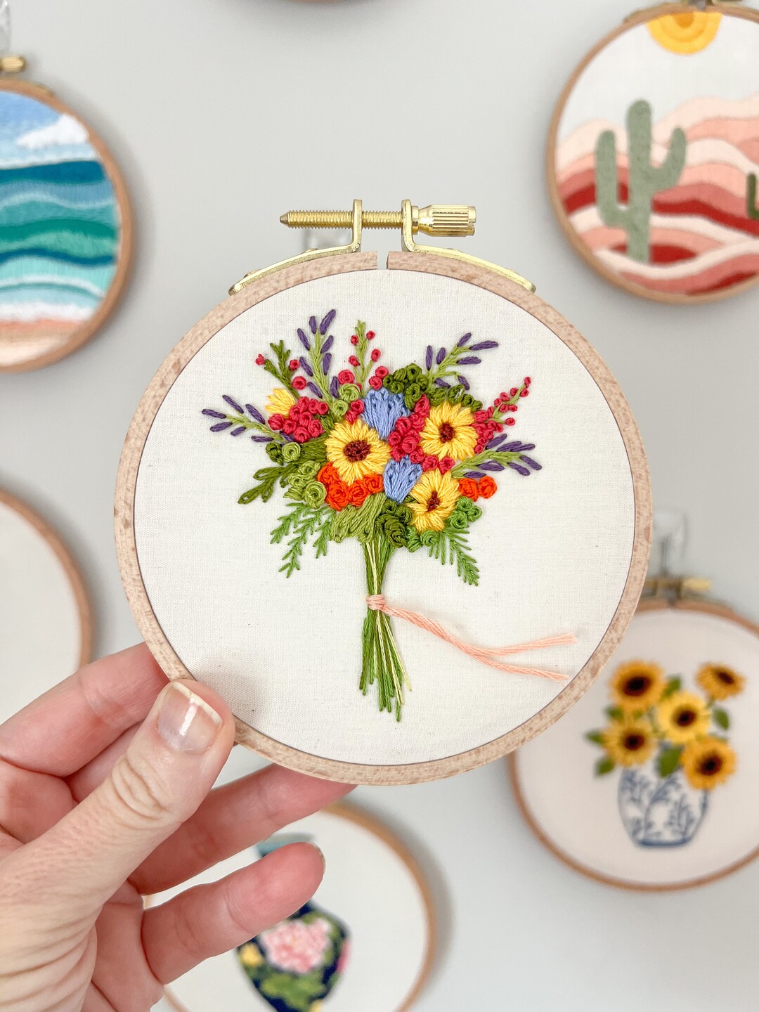 Finished Embroidery Hoop Art - Summer Bouquet of Flowers Tied With ...