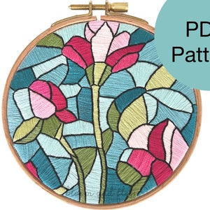 Padrão de bordado de flores com vitral - Download instantâneo de PDF para iniciantes avançados e costuradores intermediários