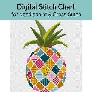 May include: A digital stitch chart for needlepoint and cross-stitch featuring a pineapple graphic. The pineapple has green leaves and a body composed of multicolored diamond-shaped patches in yellow, pink, blue, and orange with various patterns.