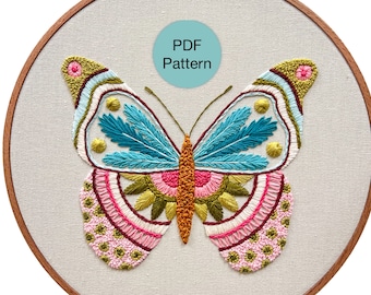 Colorful Butterfly Hand Embroidery Pattern - PDF Instant Download for Advanced Beginner and Intermediate Stitchers