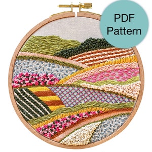 Abstract Fields and Flowers Hand Embroidery Pattern - PDF Instant Download for Intermediate and Advanced Stitchers
