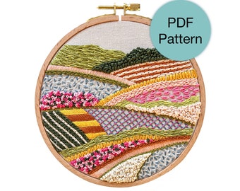 Abstract Fields and Flowers Hand Embroidery Pattern - PDF Instant Download for Intermediate and Advanced Stitchers