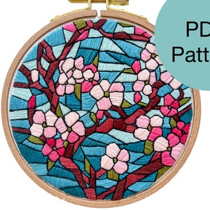 Stained Glass Cherry Blossom Flowers Embroidery Pattern - PDF Instant Download for Advanced Beginners and Intermediate Stitchers