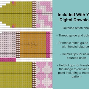 K&ouml;nnte beinhalten: Ein digitales Kreuzstichmuster mit einem Raster und Symbolen in Olivgr&uuml;n, Braun und Pink. Der Text lautet: Included With Your Digital Download, Detailed stitch charts, Thread guide and color key, Printable stitch guide cards with helpful diagrams, Helpful tips for using a counted chart, Helpful tips for transferring the image to canvas with paint including a traceable pattern.