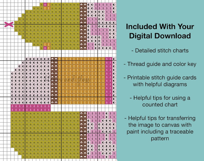 K&ouml;nnte beinhalten: Ein digitales Kreuzstichmuster mit einem Raster und Symbolen in Olivgr&uuml;n, Braun und Pink. Der Text lautet: Included With Your Digital Download, Detailed stitch charts, Thread guide and color key, Printable stitch guide cards with helpful diagrams, Helpful tips for using a counted chart, Helpful tips for transferring the image to canvas with paint including a traceable pattern.