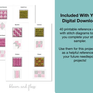 K&ouml;nnte beinhalten: Ein digitaler Download mit 40 druckbaren Referenzkarten mit Stickdiagrammen f&uuml;r Needlepoint. Die Karten zeigen Muster wie Hungarian Diamonds, Upright Cross, Byzantine, Cashmere, Scotch Square, Corduroy und Chequer in Rosa und Gr&uuml;n.