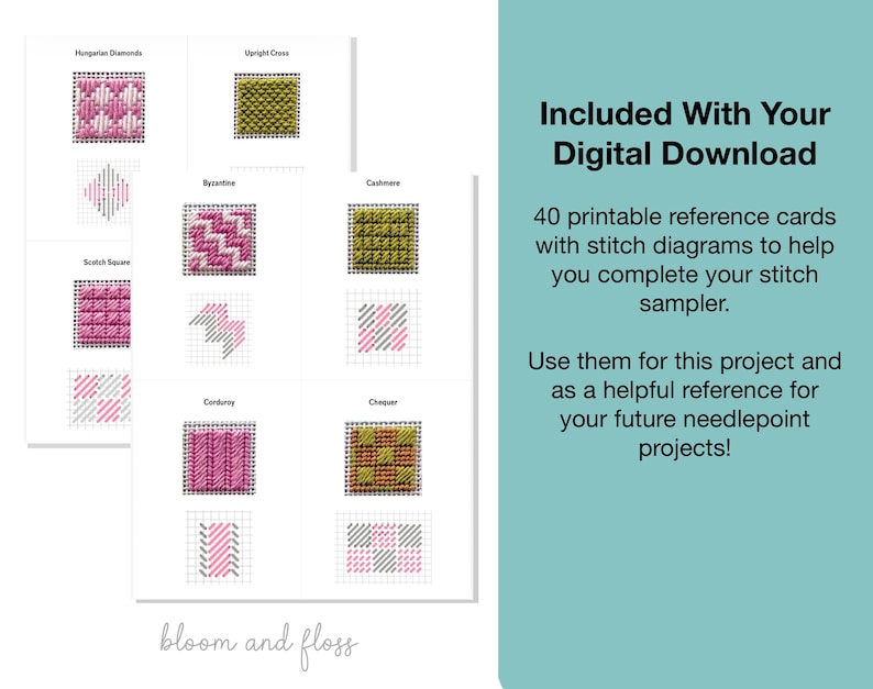K&ouml;nnte beinhalten: Ein digitaler Download mit 40 druckbaren Referenzkarten mit Stickdiagrammen f&uuml;r Needlepoint. Die Karten zeigen Muster wie Hungarian Diamonds, Upright Cross, Byzantine, Cashmere, Scotch Square, Corduroy und Chequer in Rosa und Gr&uuml;n.
