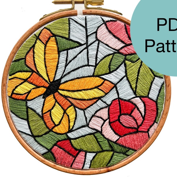Stained Glass Butterfly Rose Embroidery Pattern - PDF Instant Download for Advanced Beginners and Intermediate Stitchers