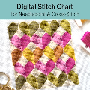Op de afbeelding: Een borduurcanvas met een herhalend hartjespatroon in olijfgroen, mosterdgeel en felroze op een wit raster. De tekst Digital Stitch Chart for Needlepoint & Cross-Stitch staat bovenaan. Een gouden schaar en roze garen zijn zichtbaar.