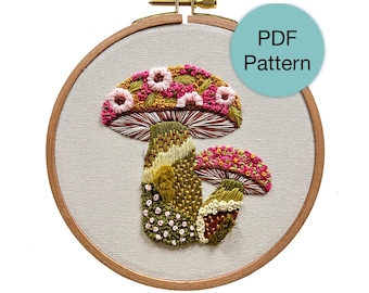Textured Floral Mushroom Hand Embroidery Pattern - PDF Instant Download for Advanced Beginners and Intermediate Stitchers