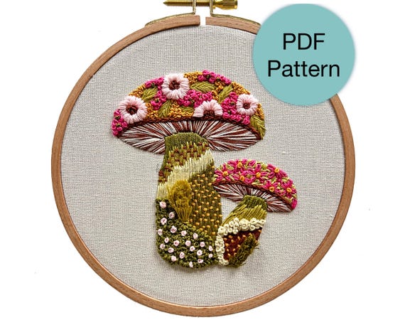 Textured Floral Mushroom Hand Embroidery Pattern - PDF Instant Download for Advanced Beginners and Intermediate Stitchers