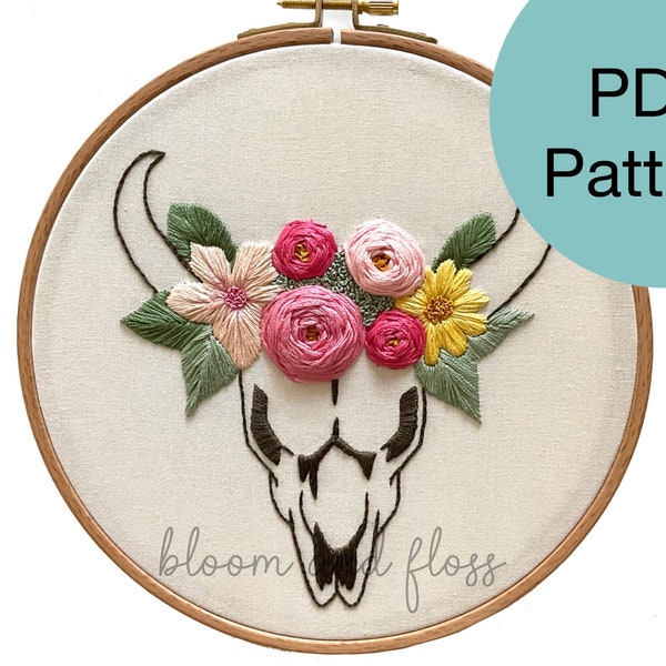 Patrón de bordado a mano de calavera y flores de vaca - Descarga instantánea en PDF para principiantes avanzados y cosedores intermedios