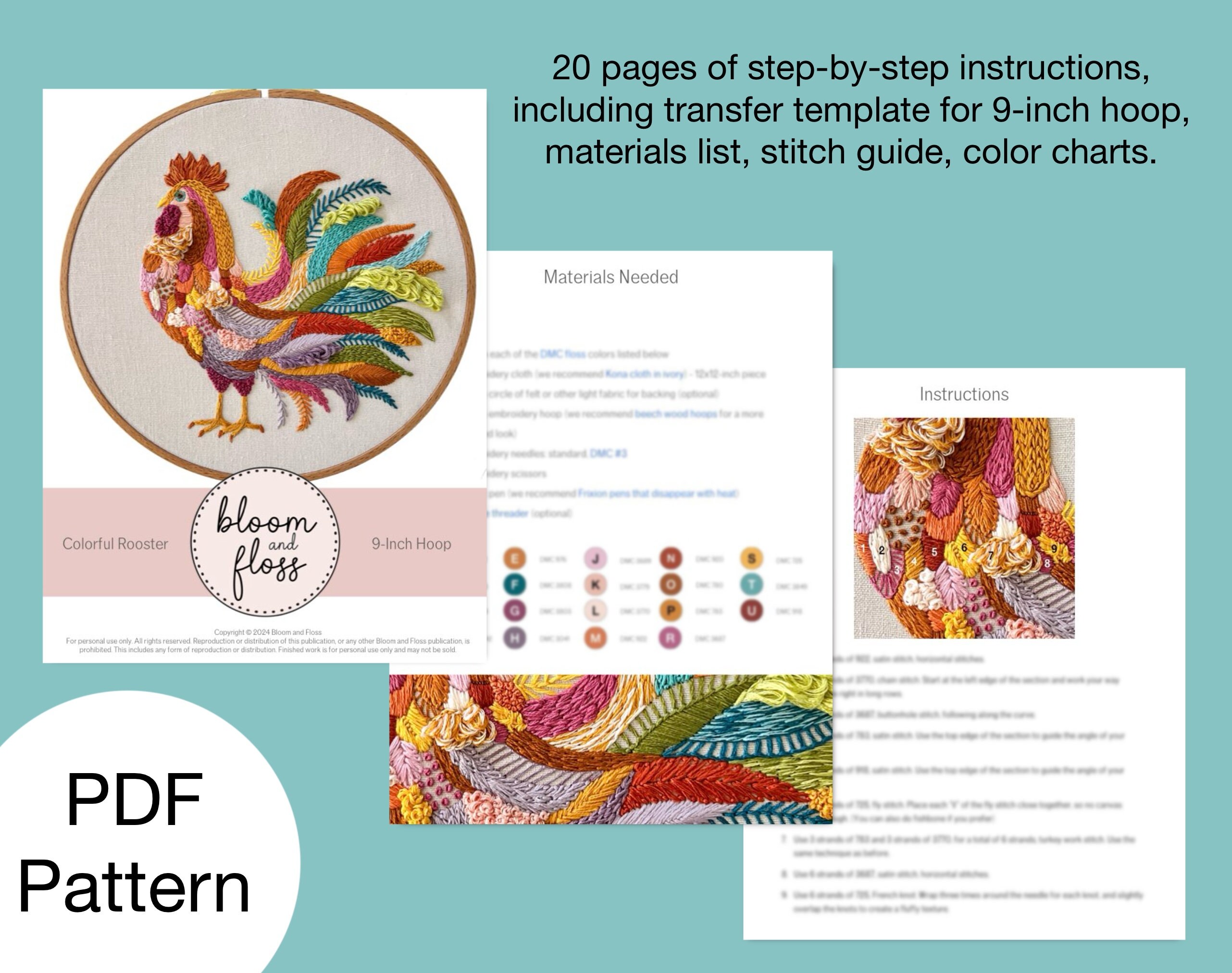 Free Printable Rooster Patterns.pdf Colorful Rooster Hand Embroidery Pattern - PDF Instant Download for ...