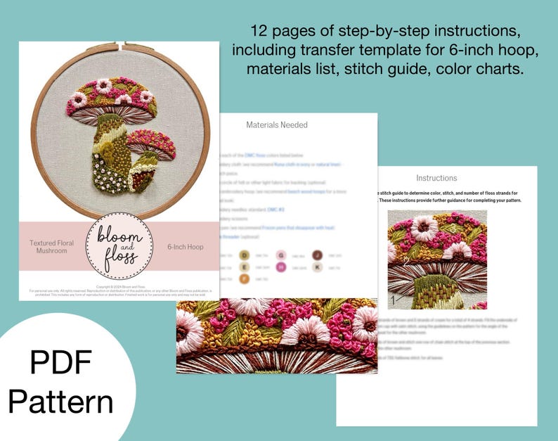 Handbroderimönster med texturerat blommigt svampmönster - PDF-nedladdning direkt för avancerade nybörjare och medelsvåra broderare bild 5