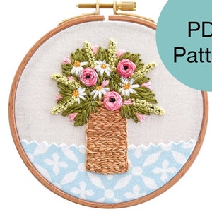 Bouquet of Flowers in Woven Vase Hand Embroidery Pattern - PDF Instant Download for Advanced Beginners and Intermediate Stitchers