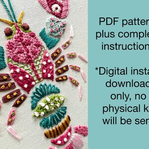 May include: Embroidered lobster design in pink, teal, and brown thread on a cream background. The image includes text: "PDF pattern, plus complete instructions. Digital instant download only, no physical kit will be sent."