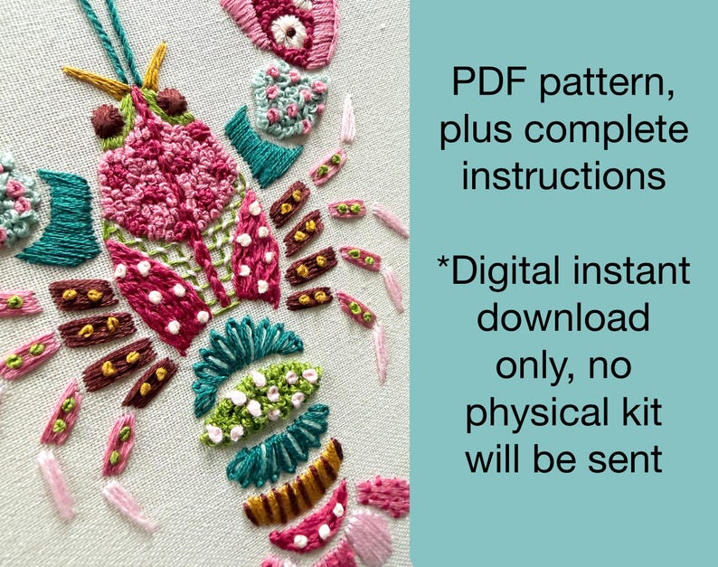 May include: Embroidered lobster design in pink, teal, and brown thread on a cream background. The image includes text: "PDF pattern, plus complete instructions. Digital instant download only, no physical kit will be sent."