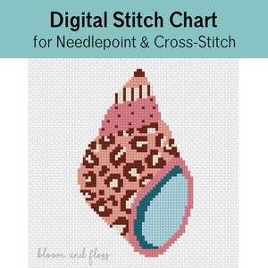 Puede incluir: Un gráfico de puntadas digital para needlepoint y punto de cruz con un diseño de concha marina con estampado de leopardo rosa y marrón, un interior azul claro y el texto Digital Stitch Chart for Needlepoint & Cross-Stitch y bloom and floss.