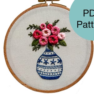 Rosen in blauer Vase Handstickmuster: Blumenmuster zum Selbermachen (PDF Instant Download)