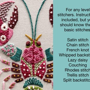 May include: Embroidered lobster design in pink, red, brown, and green thread on a cream-colored fabric. The image includes text listing basic embroidery stitches: satin, chain, French knot, whipped backstitch, lazy daisy, couching, Rhodes, trellis, and split backstitch.