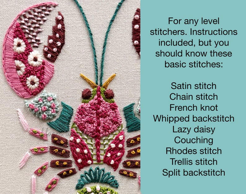 May include: Embroidered lobster design in pink, red, brown, and green thread on a cream-colored fabric. The image includes text listing basic embroidery stitches: satin, chain, French knot, whipped backstitch, lazy daisy, couching, Rhodes, trellis, and split backstitch.