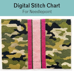 May include: A digital stitch chart for needlepoint featuring a camouflage pattern in shades of green, black, and tan, bisected by a vertical light pink stripe bordered by two thin, vibrant magenta stripes on a white canvas background.
