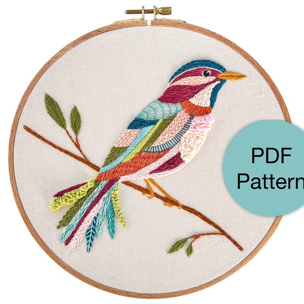 Colorful Bird Hand Embroidery Pattern - PDF Instant Download for Intermediate and Advanced Stitchers