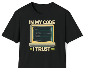 Computer scientist and programmer T-shirt in retro style: "In my code I trust" with unique Python code design